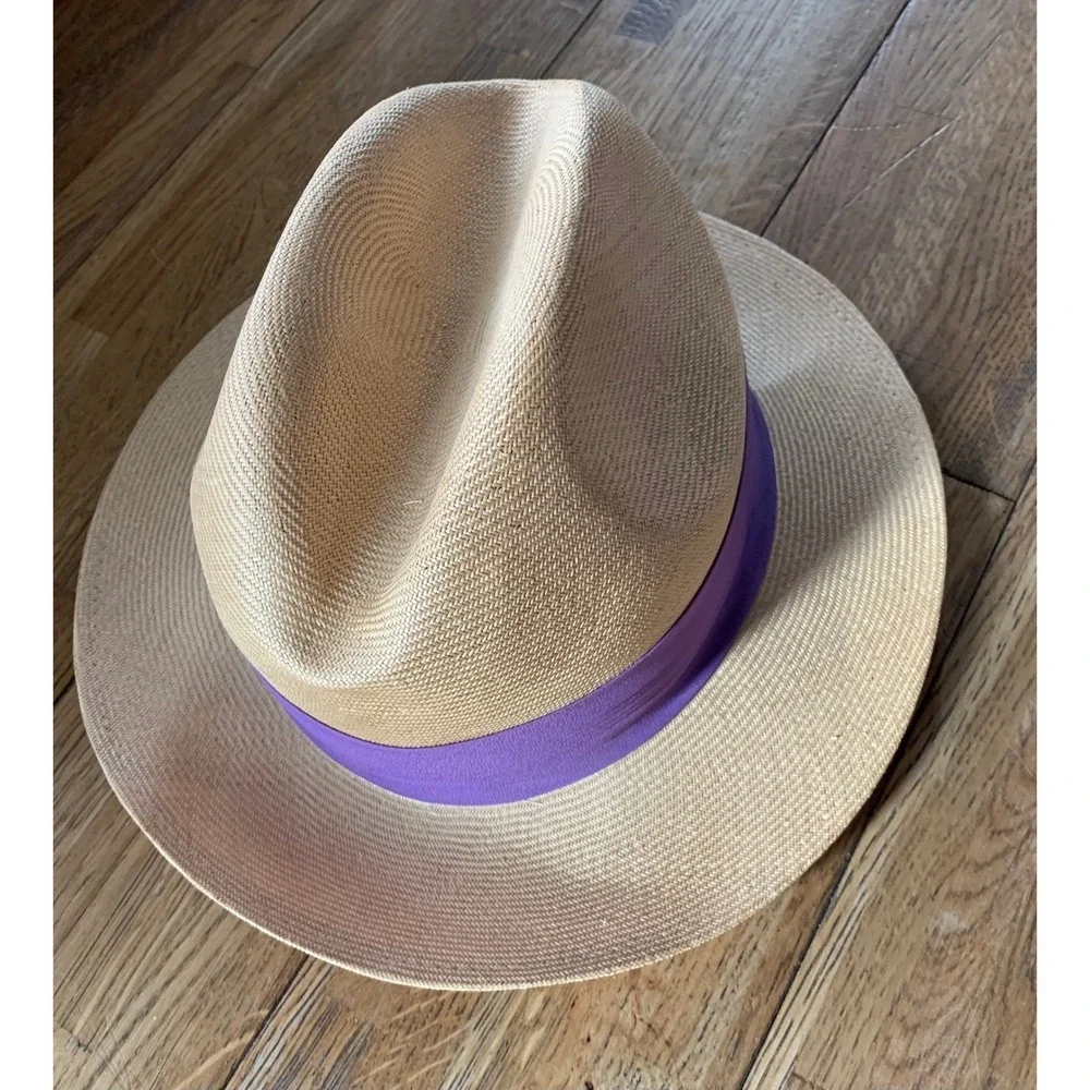 Pappagallo Vintage 60's Straw Fedora Hat Purple Ribbon Retro Chic Preppy